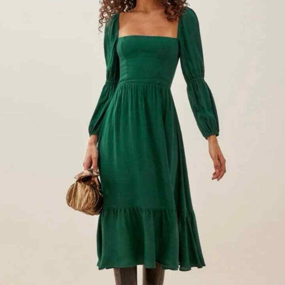 Reformation Mica Emerald Green Midi Dress Size: 20 Tiered Hem Square Neck